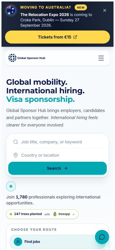 Global Sponsor Hub mobile experience showing international hiring search and candidate routes